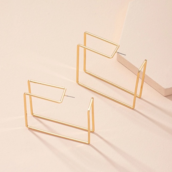 Gold Tone Squared Hoop Earrings Large Square Geometric Shape Metal Iron Yellow - Picture 3 of 5